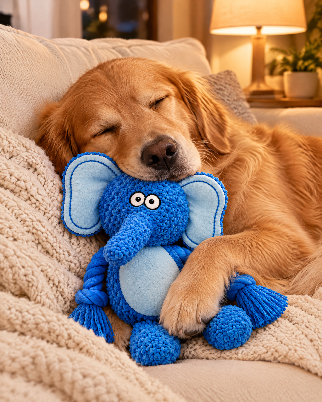 Golden retriever sover med Elefanten Snabbe